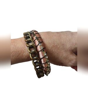 2 Vintage Bangle Bracelets: Pink Satin with Crystals & Antique Brass Chainlink